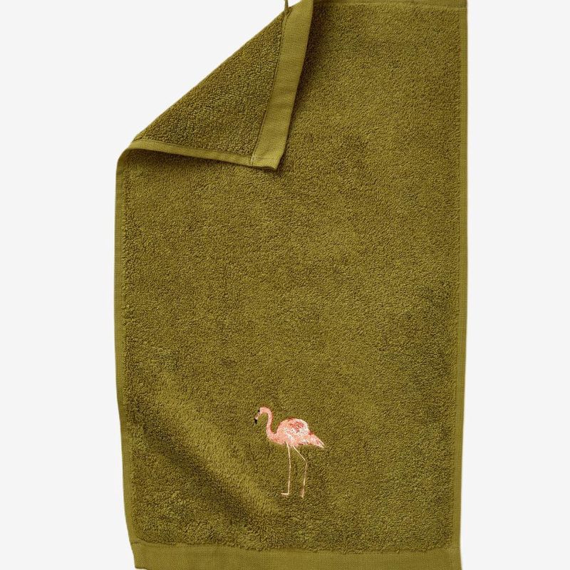 Mosgroene katoenen gastendoek 30x50 cm met flamingo borduursel