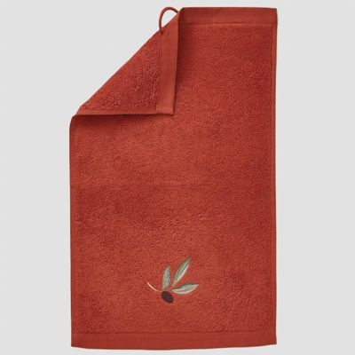 Terracotta katoenen gastendoek 30x50 cm met olijftak borduursel