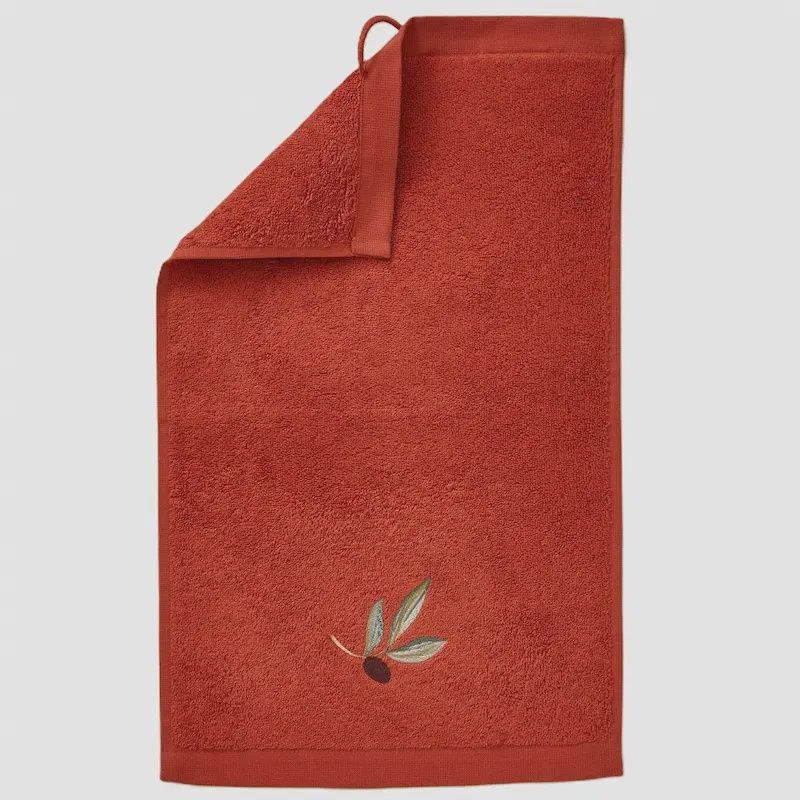 Terracotta katoenen gastendoek 30x50 cm met olijftak borduursel