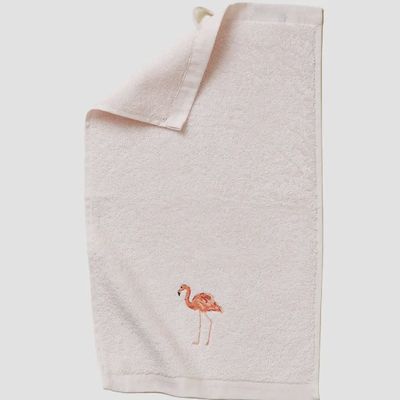 Lichtroze katoenen gastendoek 30x50 cm met flamingo borduursel