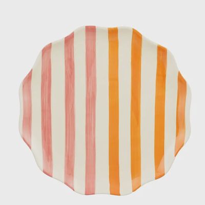 Bloemvorm bord stoneware 34 cm met roze en oranje strepen