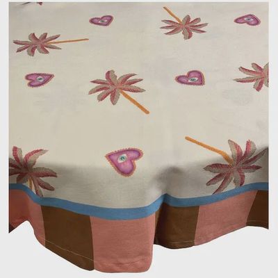 Rond katoenen tafelkleed 175 cm met hartjes en palmbomen voor zomerse tafelsetting