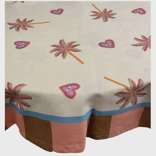 Rond katoenen tafelkleed 175 cm met hartjes en palmbomen voor zomerse tafelsetting