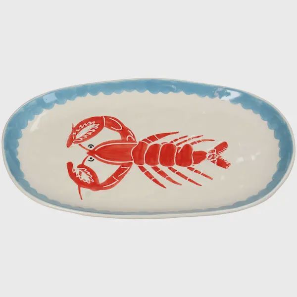 Stoneware ovaal bord met rode kreeft en blauwe rand 27,5 cm voor tapas of visgerechten