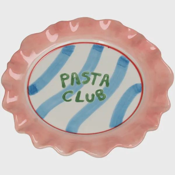Stoneware bord 21 cm Pasta Club met roze rand en blauwe strepen voor pasta of lunch