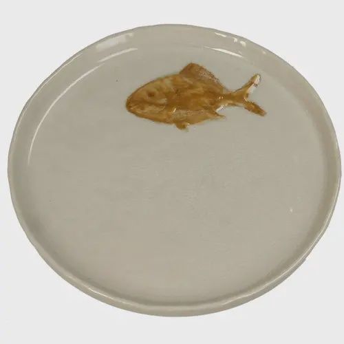 Stoneware bord 18 cm beige met bruin visdetail voor dessert of kleine gerechten