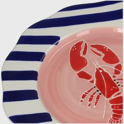Keramieken dinerbord met rode kreeft en blauwe strepen