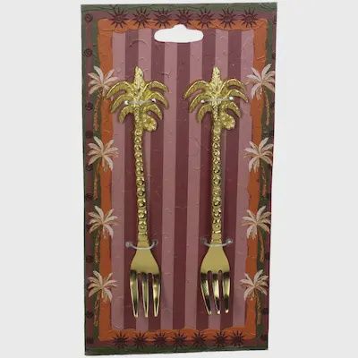 Set van 2 goudkleurige dessertvorkjes met palmboom
