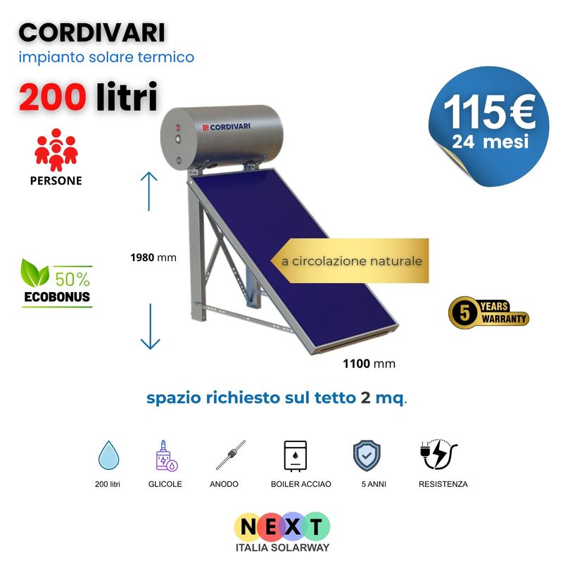 Solare Termico 200 Litri Cordivari Panarea a Circolazione Naturale