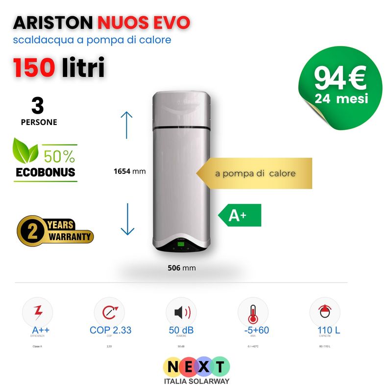 SCALDACQUA ARISTON NUOS EVO 150 A POMPA DI CALORE A+ CON ACCUMULO 150 L