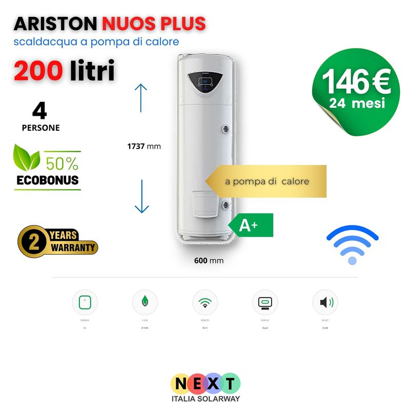 SCALDACQUA ARISTON NUOS PLUS 200 WIFI A POMPA DI CALORE A+ CON ACCUMULO 200 L