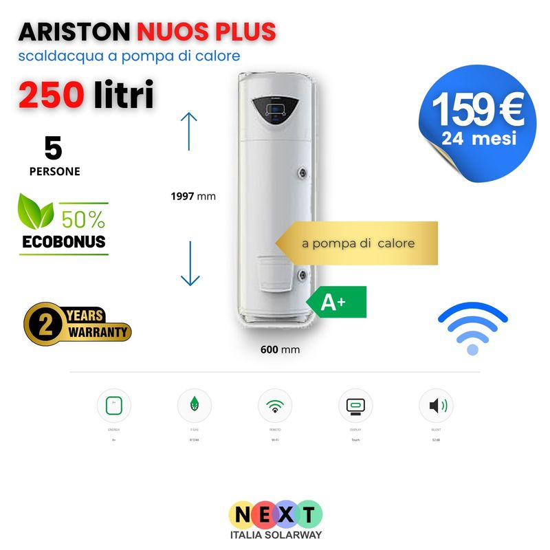 SCALDACQUA ARISTON NUOS PLUS 250 WIFI A POMPA DI CALORE A+ CON ACCUMULO 250 L