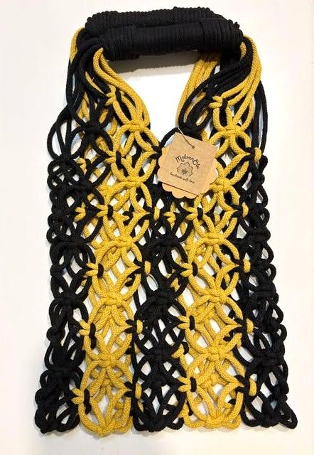 Torba siatkowa, torebka z makramy, czarno-musztardowa 40cmx23 cm
