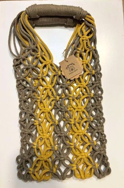 Torba siatkowa, torebka z makramy, beżowo-musztardowa 40cmx23 cm