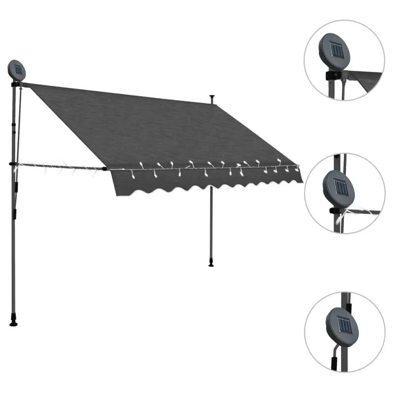 Handbetriebene Klemmmarkise mit LED – 300 cm in Anthrazit