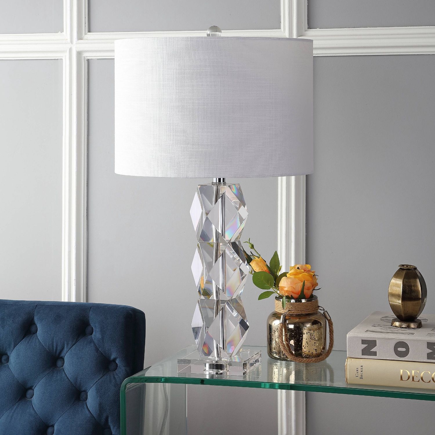 Sofia Single Light 26&quot; Tall LED Buffet Table Crystal Lamp with Hardback Cotton Shade