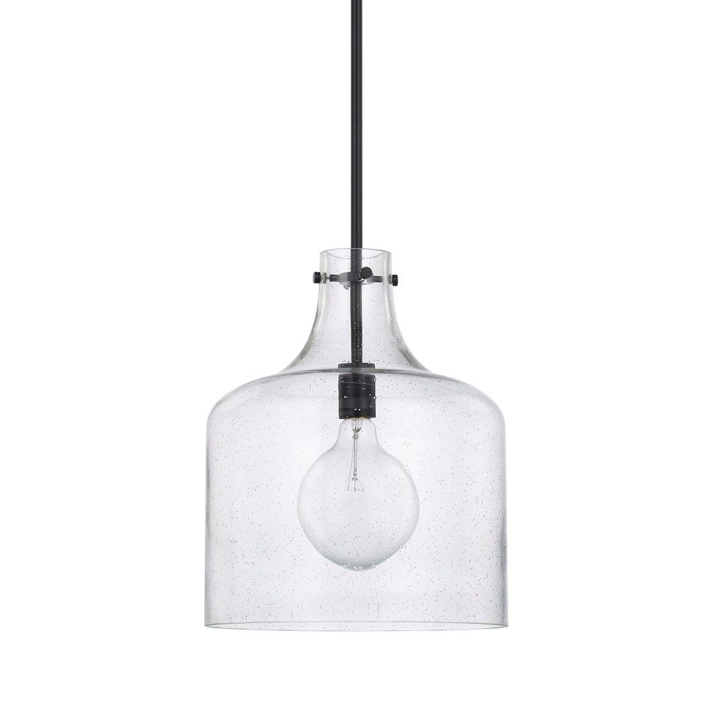 Single Light 15&quot; Tall Pendant with Seedy Glass Shade Matte Black