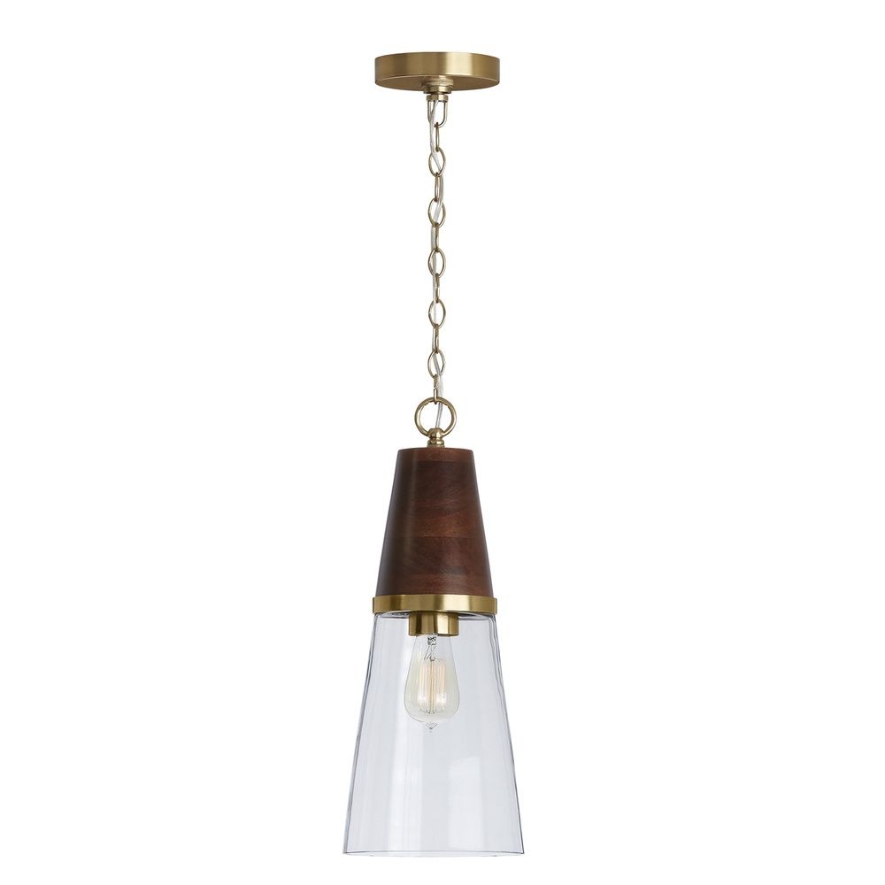 Coker 1 Light 7.75 inch Pendant in Wood and Brass with Clear Glasss