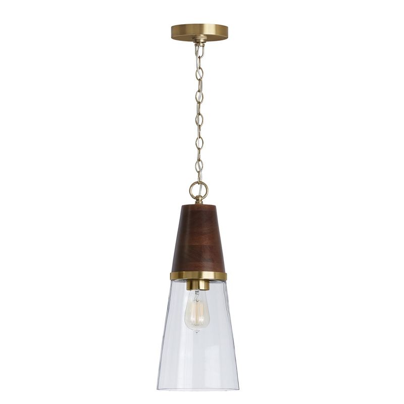 Coker 1 Light 7.75 inch Pendant in Wood and Brass with Clear Glasss