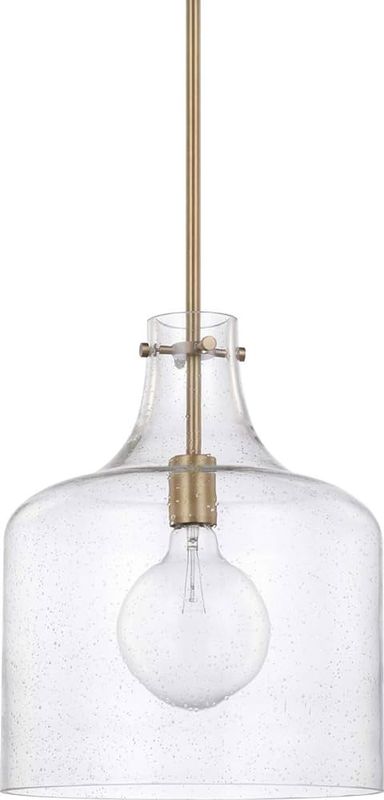 Single Light 15&quot; Tall Pendant with Seedy Glass Shade in Aged Brass