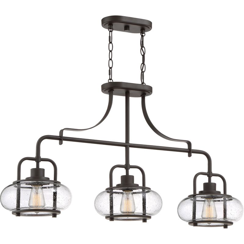 Trilogy 3 Light 38&quot; Wide Linear Chandelier with Clear Seedy Glass Shade Old Bronze