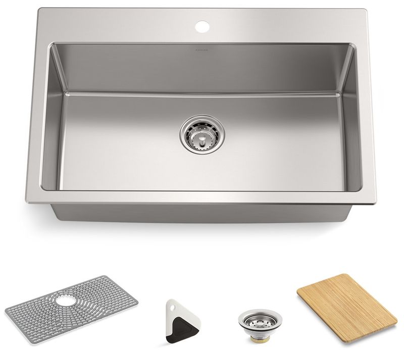 Bentham 33&quot; Undermount Single Basin Stainless Steel Kitchen Sink with Basin Rack and Cutting Board