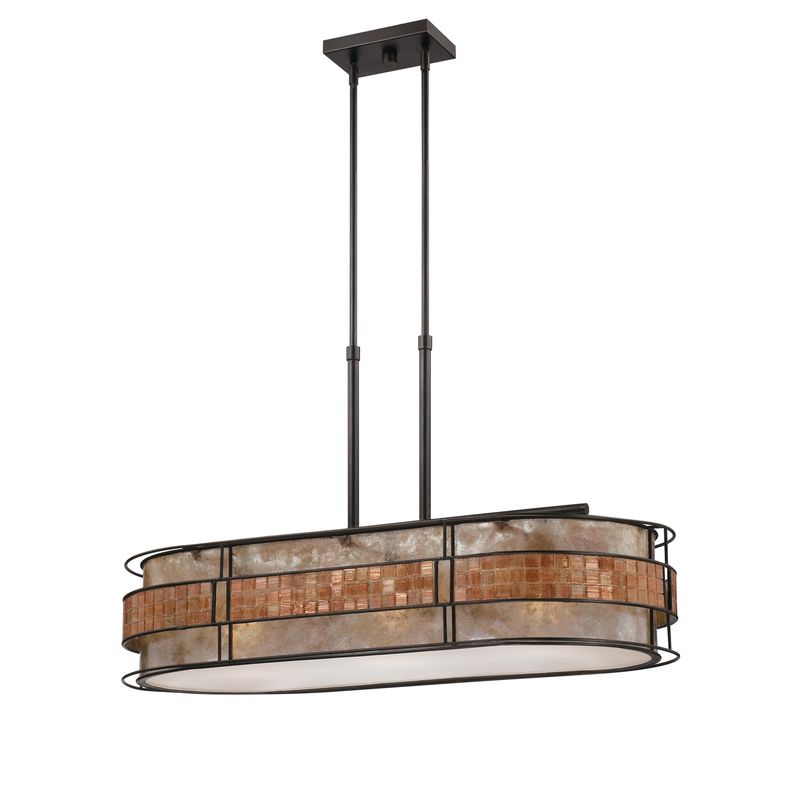 Laguna 3 Light 37&quot; Linear Chandelier with Oyster Mica And Mosaic Tile Shade in Copper