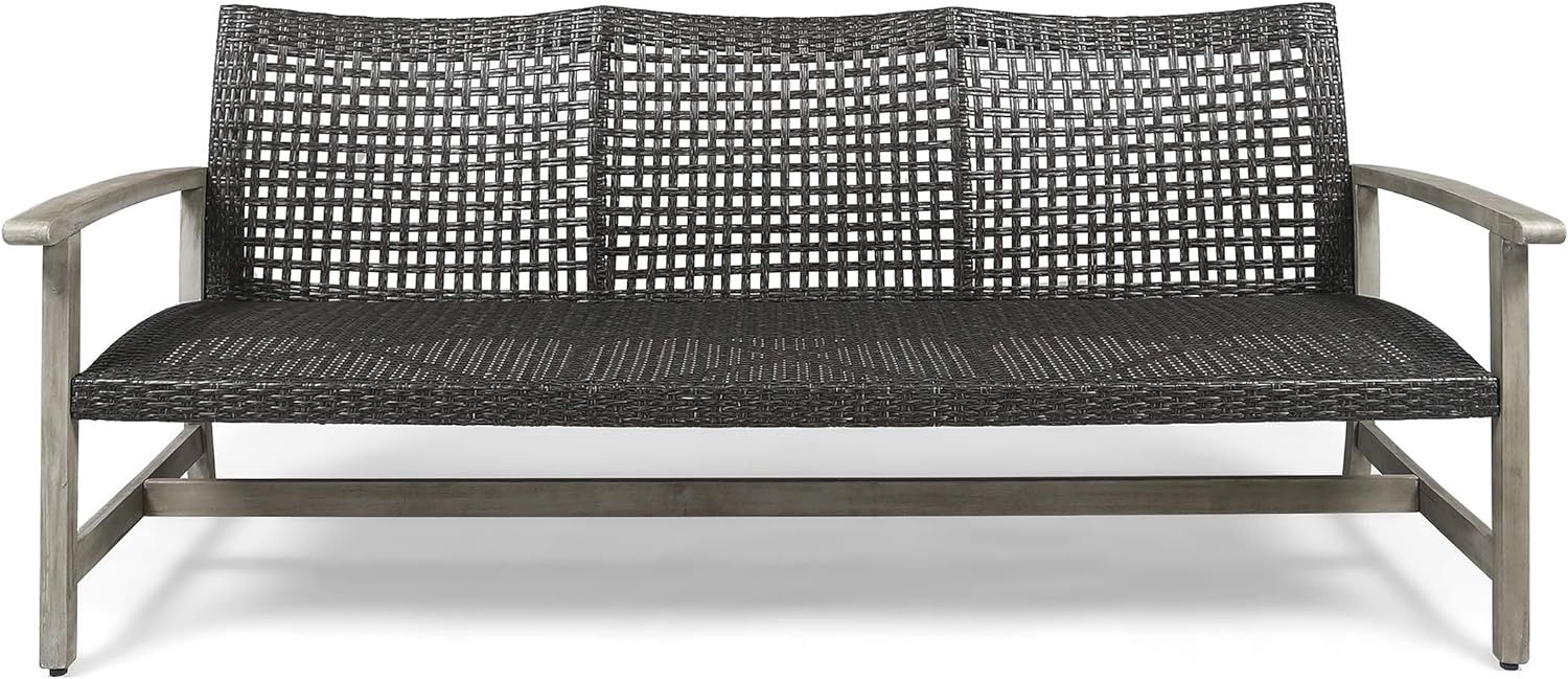 Marcia Outdoor Wood and Wicker Sofa, Light Gray Finish with Mix Black Wicker
