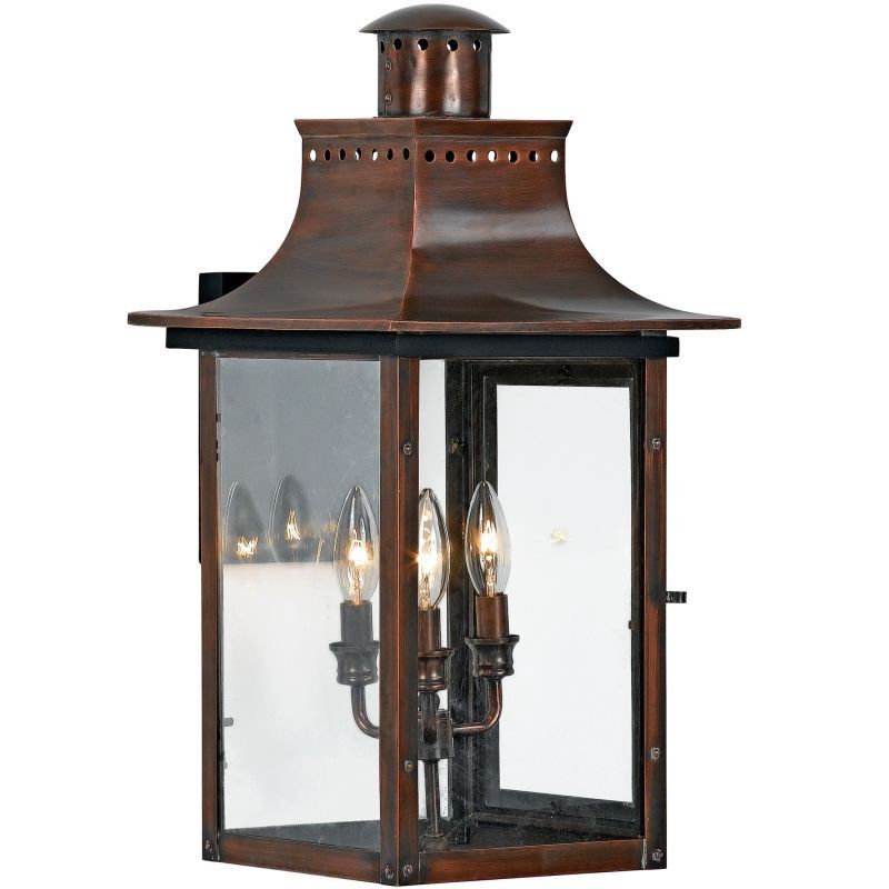Chalmers 3 Light 23&quot; Tall Outdoor Wall Sconce with Clear Glass in Aged Copper