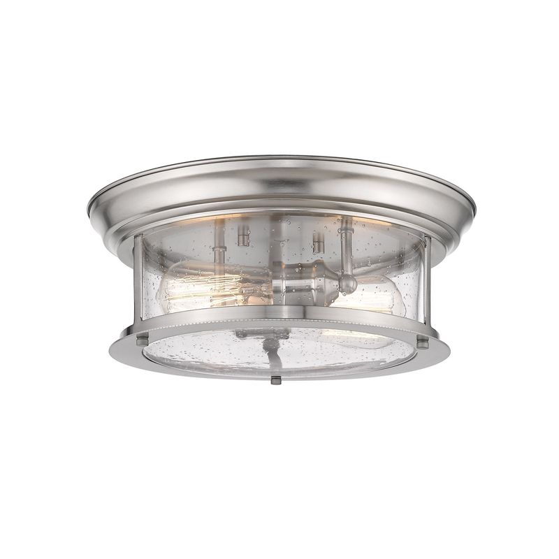 Sonna 2 Light 13-1/2&quot; Wide Flush Mount Drum Ceiling Fixture with Seedy Glass Shade in Brushed Nickel