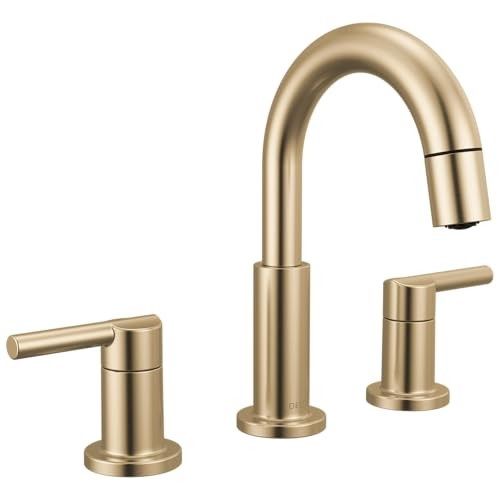 Nicoli 1.2 GPM Widespread Bathroom Faucet with Pull Down Spout and Push Pop-Up Drain Assembly in Champagne Bronze
