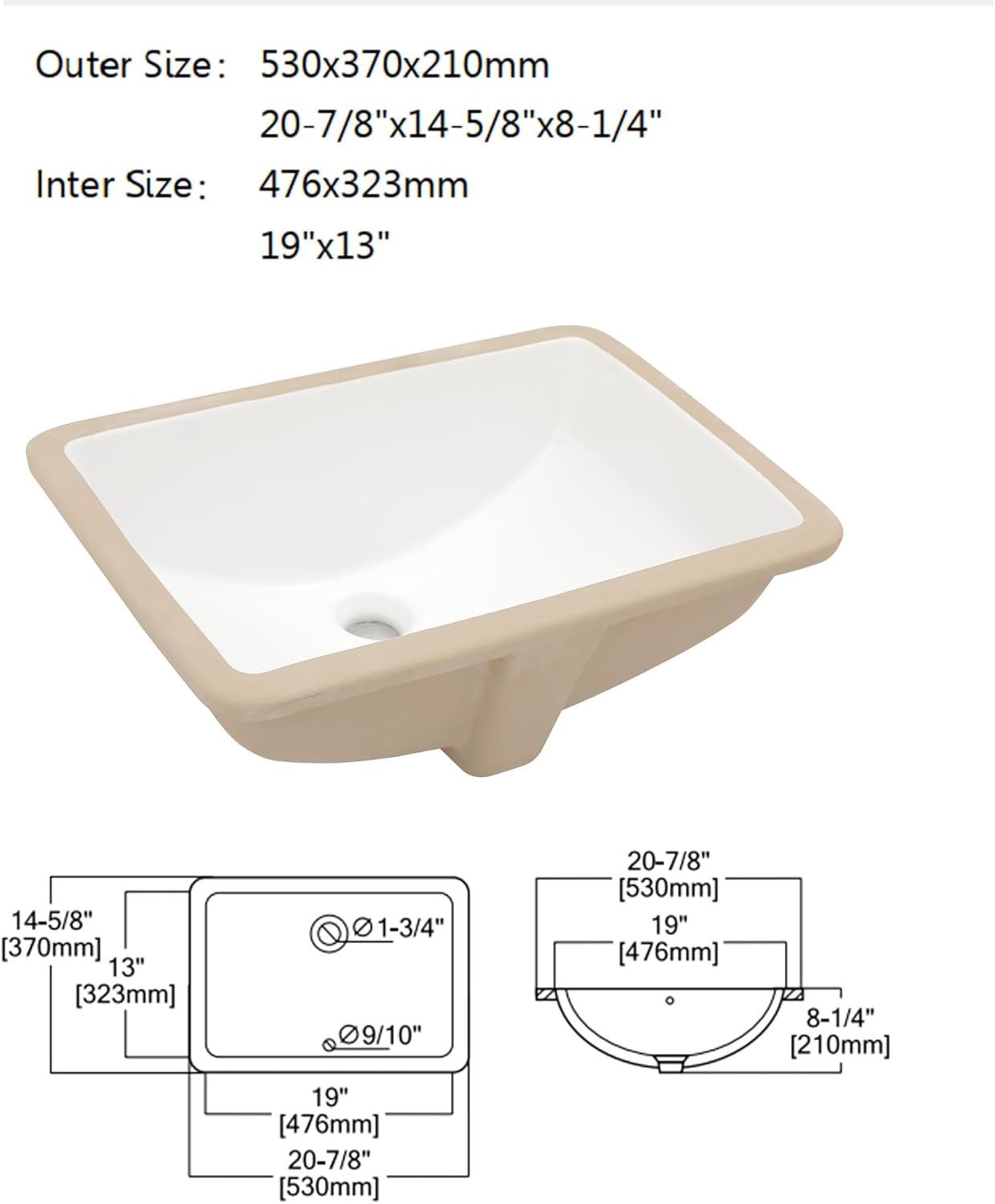 Dcolora Undermount Bathroom Sink Rectangle 19&quot;x13&quot; White Porcelain Ceramic Rectangular Vessel Sink Under Counter Lavatory Vanity Bath Sink Bowl Basin With Overflow