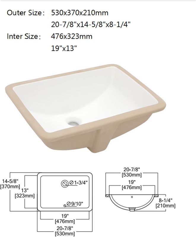 Dcolora Undermount Bathroom Sink Rectangle 19&quot;x13&quot; White Porcelain Ceramic Rectangular Vessel Sink Under Counter Lavatory Vanity Bath Sink Bowl Basin With Overflow