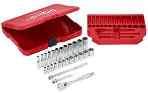 Milwaukee Tool 28pc 1/4" Drive Metric Ratchet &amp; Socket Set with Four Flat Sides 48-22-9504