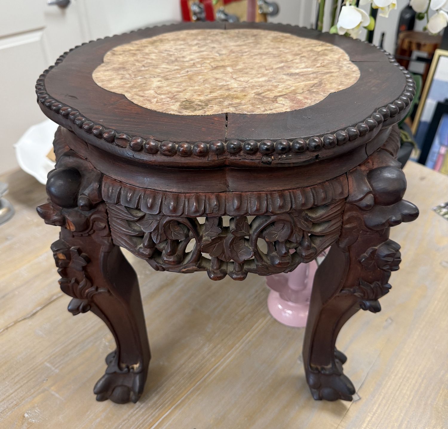 Late 19th Century Antique Chinese Urn Stand in Rosewood/Marble - Qing Dynasty