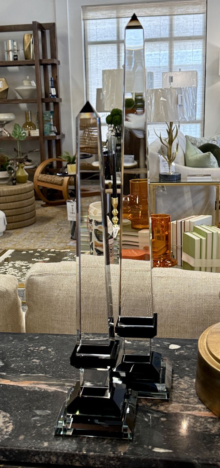 20&quot; &amp; 16&quot; Crystal/Glass Obelisks w Black Bases - Set/2