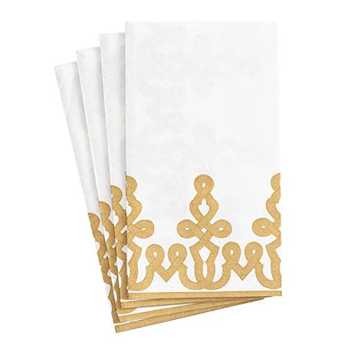 Caspari Dessin Passementerie Paper Linen Guest Towel Napkins in Gold - 12 per Package