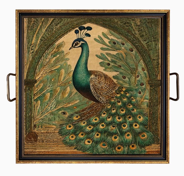 Peacock Tray with Brass Handles (17x17)