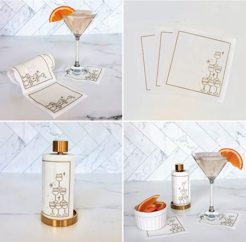 Cotton Cocktail Napkin Roll: Golden Bubbles (White w/ Gold)