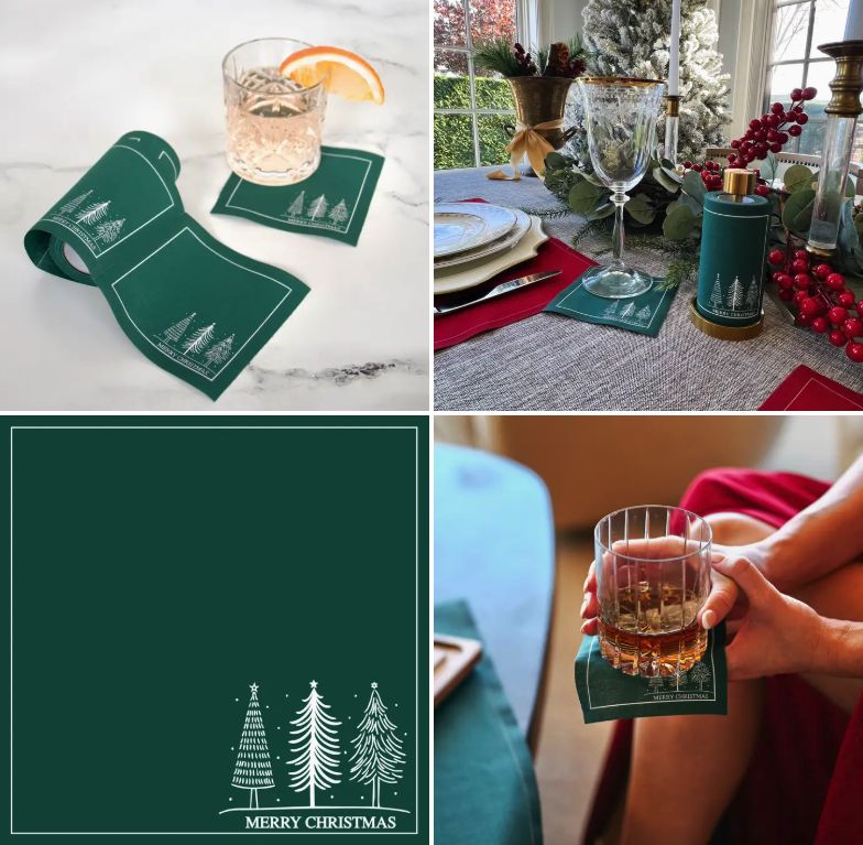 Cotton Cocktail Napkin Roll: Whispering Pines (Forest Green)