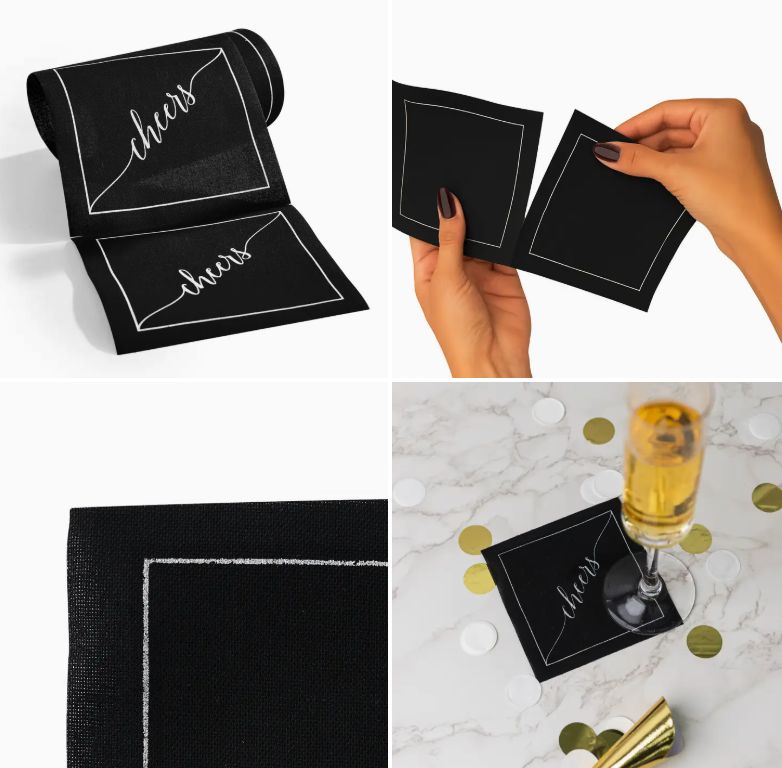 Cotton Cocktail Napkin Roll: Midnight Toast -Silver "Cheers"