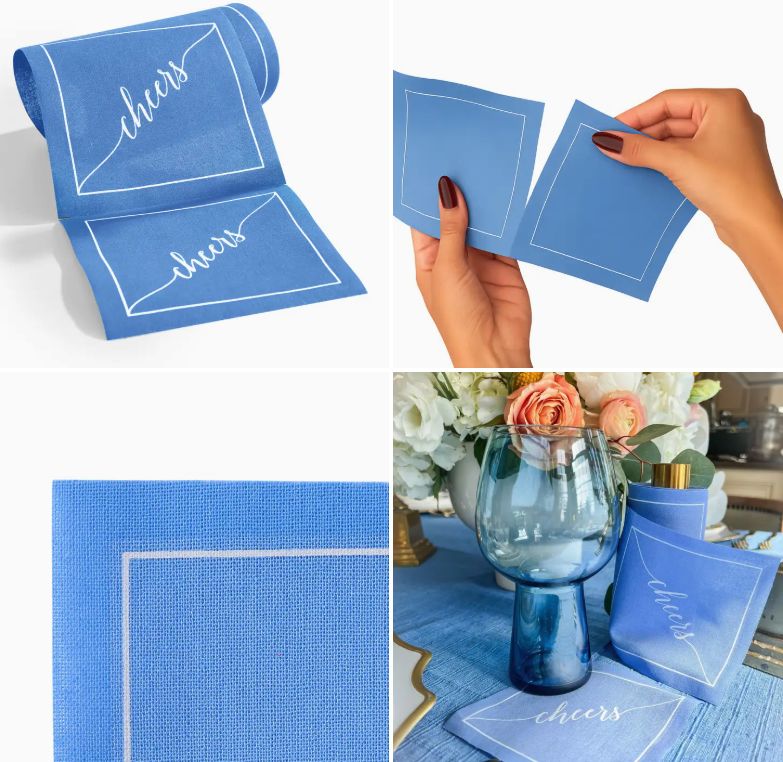 Cotton Cocktail Napkin Roll: Periwinkle Blue "Cheers"