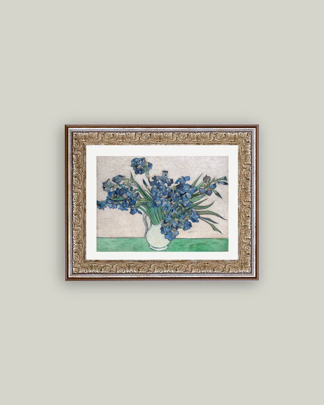 Blue Irises in Vase Framed Antique Art, Size: 10x8