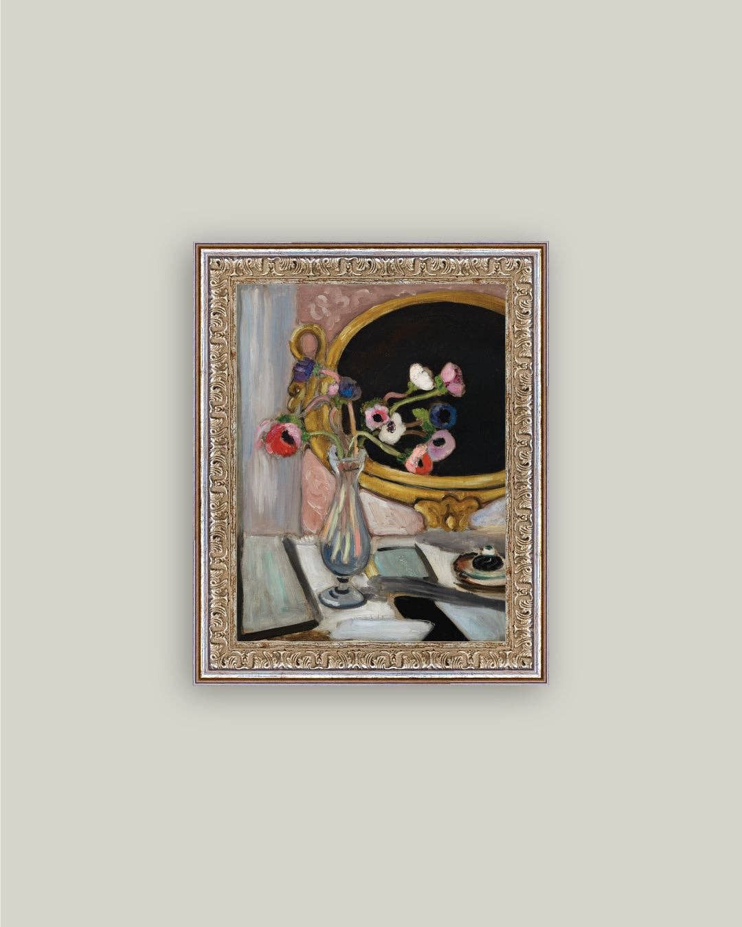 Anemone and Mirror Framed Antique Art, Frame Size: 8x10