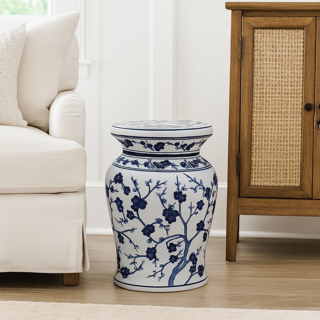Blue Garden Blue and White 18'' Cherry Blossom Podium Stool