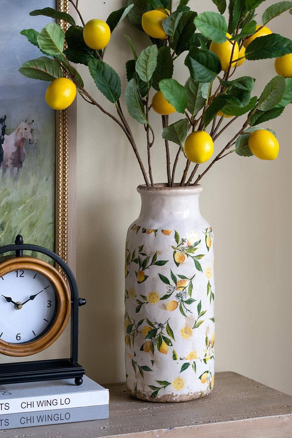 D6.3x15" White Ceramic Vase with Yellow Lemon Motif