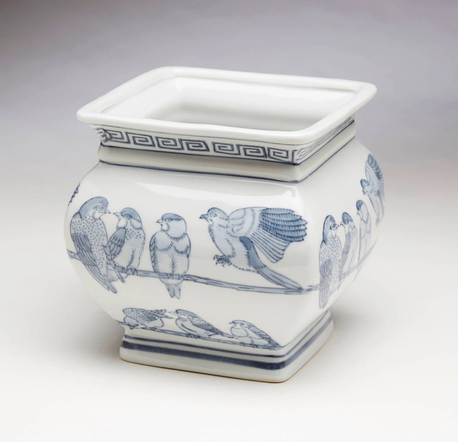 Blue and White Bird and Floral Square Planter