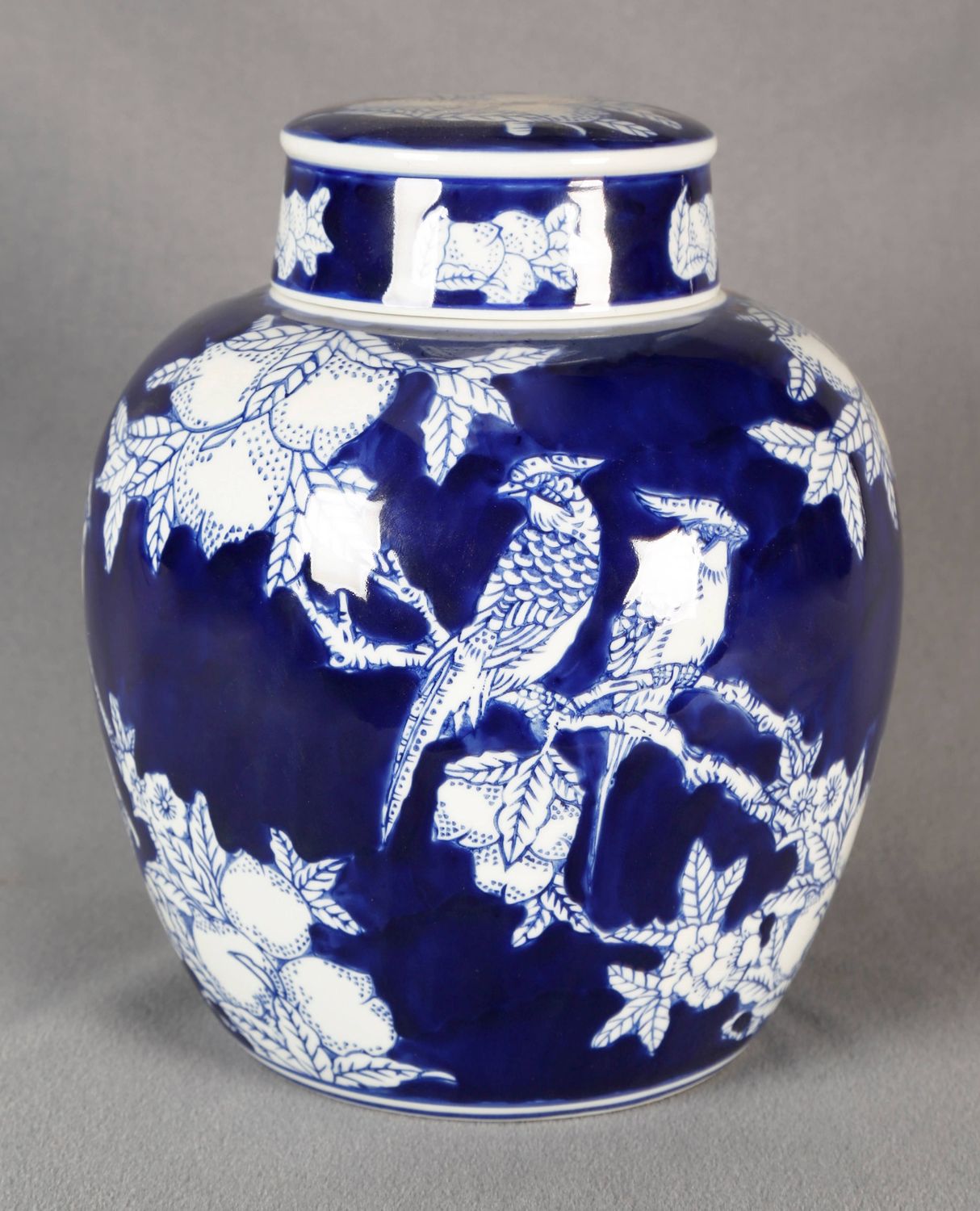 Blue and White Bird and Fruit Ginger Jar