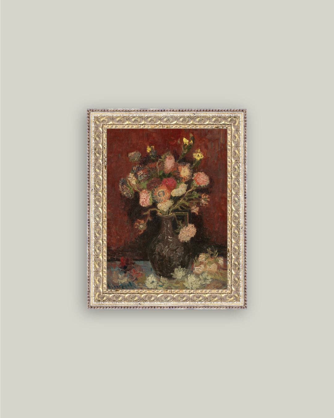 Chinese Asters and Gladioli Framed Antique Art, Frame Size: 8x10