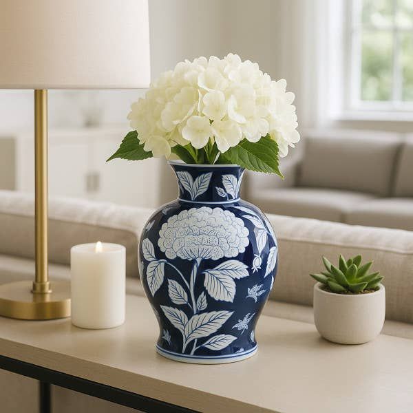 Decorative Vase - Blue Ceramic Floral Round Chinoiserie, 9in